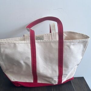 L.L. Bean Boat & Tote Bag, medium, long handles, red/cream, canvas